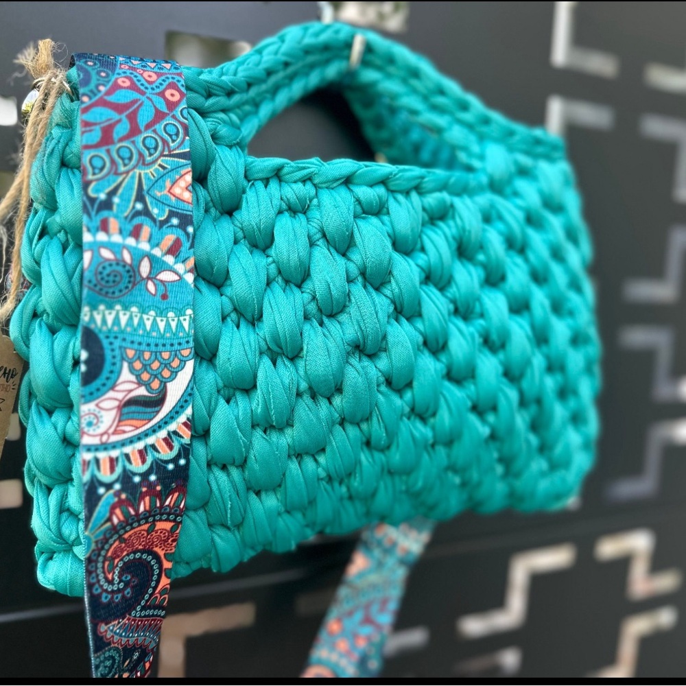 NWT Handwoven tshirt yarn bag in aqua blue